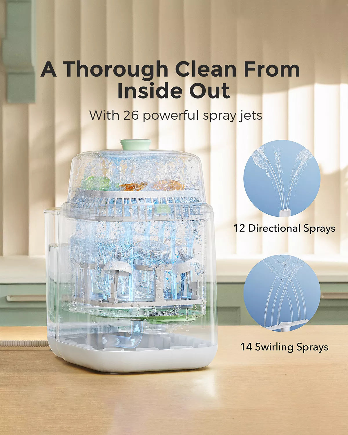 Water jets cleaning baby bottles, nipples and breast pump parts inside the washer