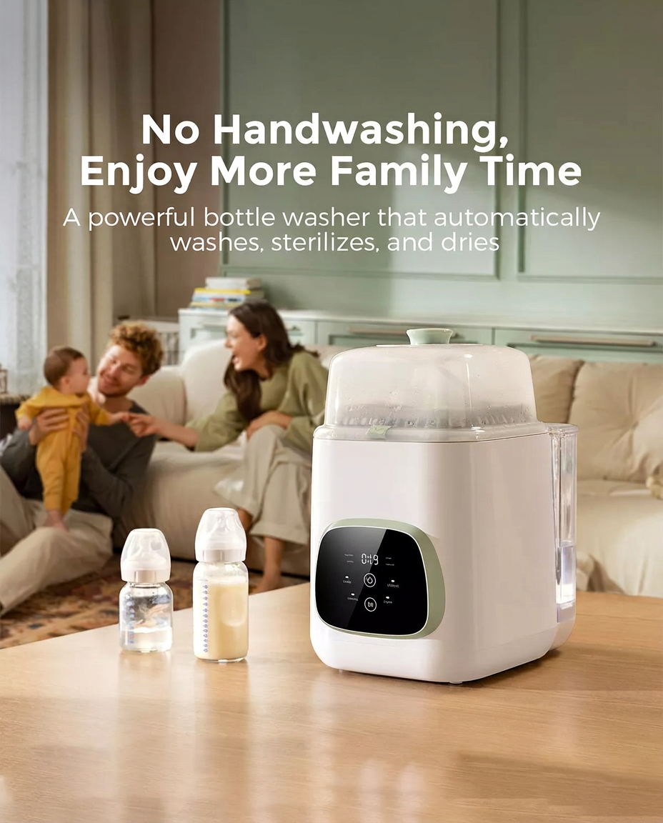 A parent placing a bottle into the open KleanPal Pro washer on a bright kitchen counter